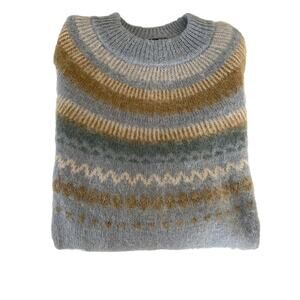 J.Crew Womens Lge Fair Isle Yoke Puff-Sleeve Sweater Blue Alpaca Blend BD152